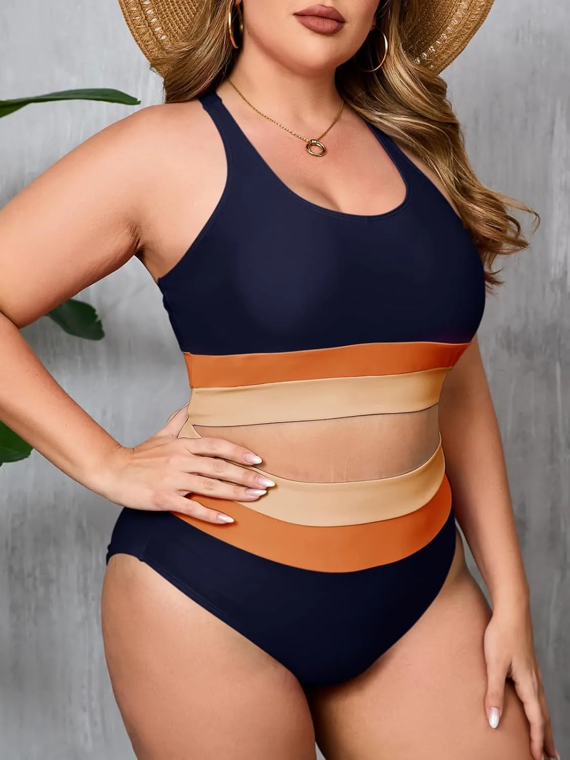 Beautife Womens Plus Size High Waisted Bikini Sets Color Block Two Piece Swimsuit Modest Sporty Bathing Suits
