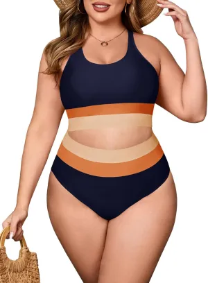Beautife Womens Plus Size High Waisted Bikini Sets Color Block Two Piece Swimsuit Modest Sporty Bathing Suits