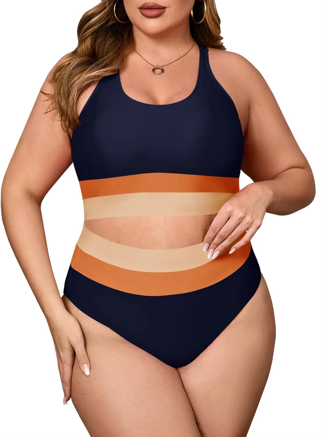 Beautife Womens Plus Size High Waisted Bikini Sets Color Block Two Piece Swimsuit Modest Sporty Bathing Suits
