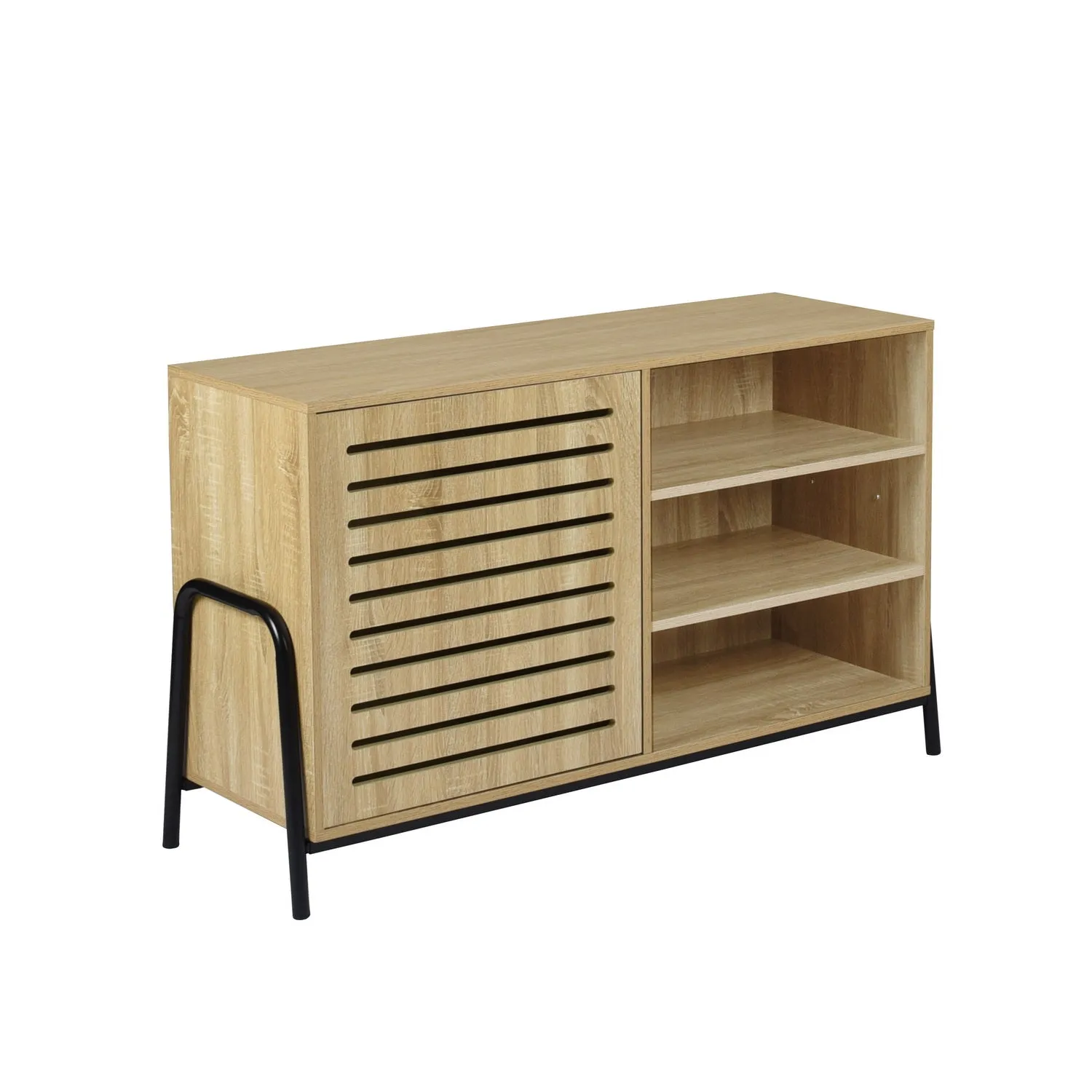 Beige Metal Wood Sideboard with Oak Veneer and 5 Shelves- Model Auro