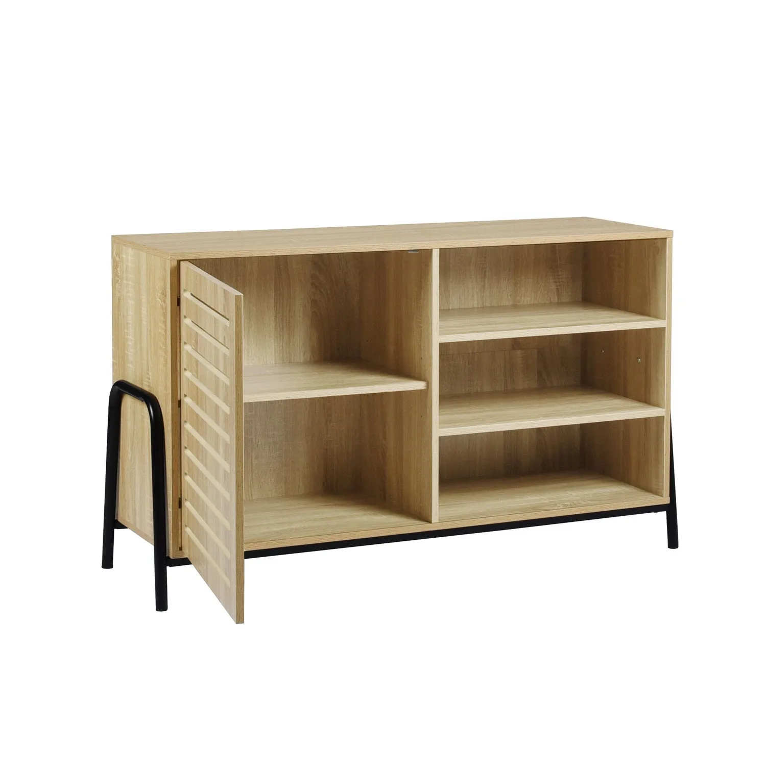 Beige Metal Wood Sideboard with Oak Veneer and 5 Shelves- Model Auro