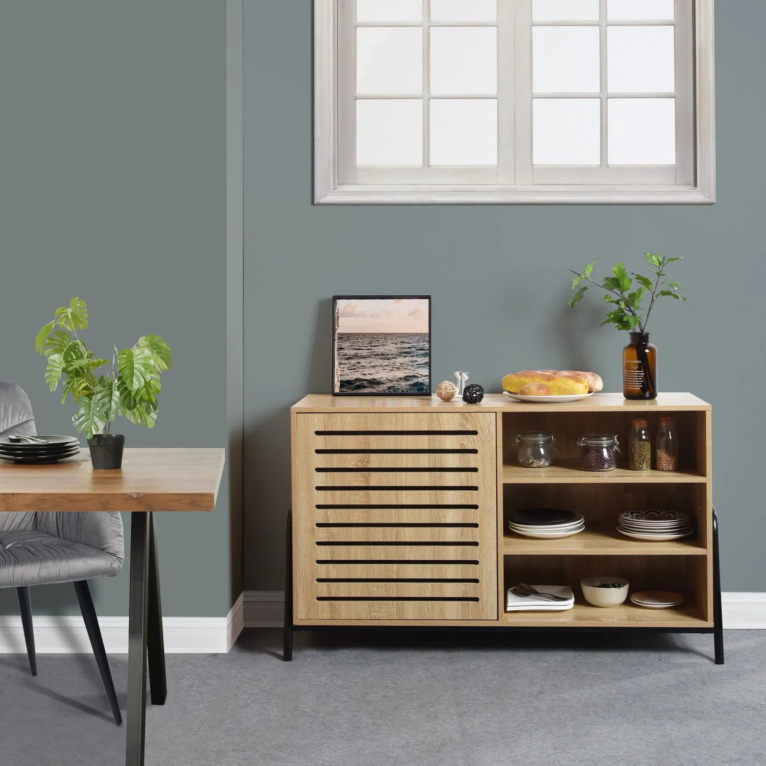Beige Metal Wood Sideboard with Oak Veneer and 5 Shelves- Model Auro