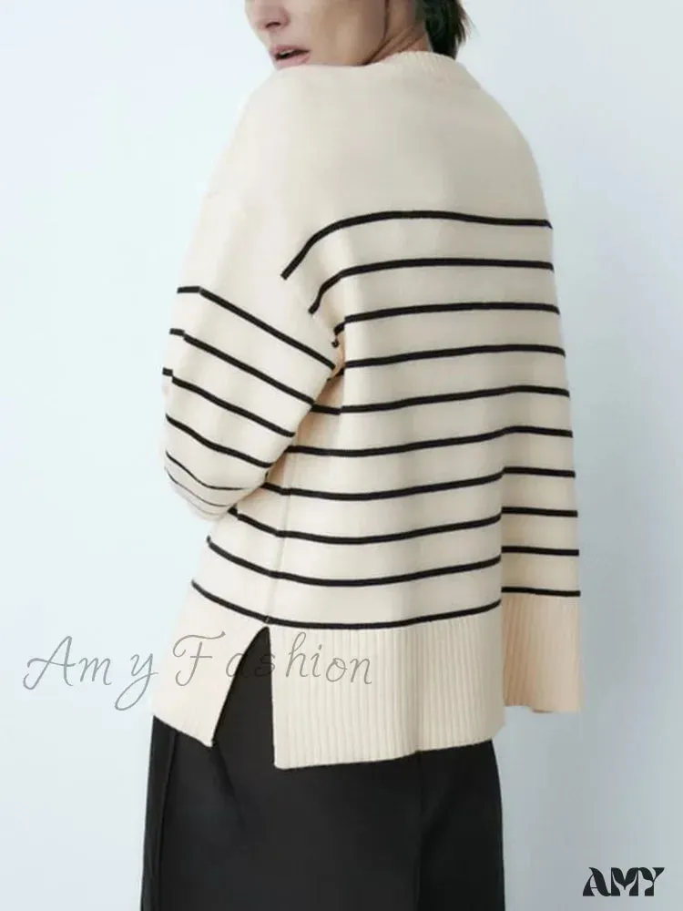 Beige Stripe Baggy Women Pullover Streetwear Long Sleeve Knitted Loose Sweater