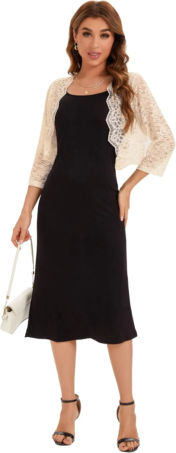 BENANCY Women's Elegant 3/4 Sleeve Sheer Floral Lace Shrug Cardigan