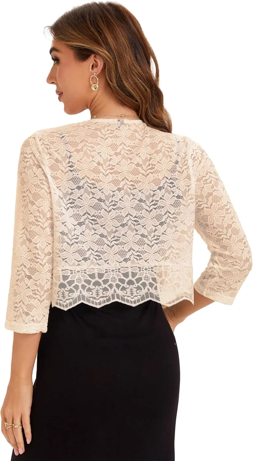 BENANCY Women's Elegant 3/4 Sleeve Sheer Floral Lace Shrug Cardigan