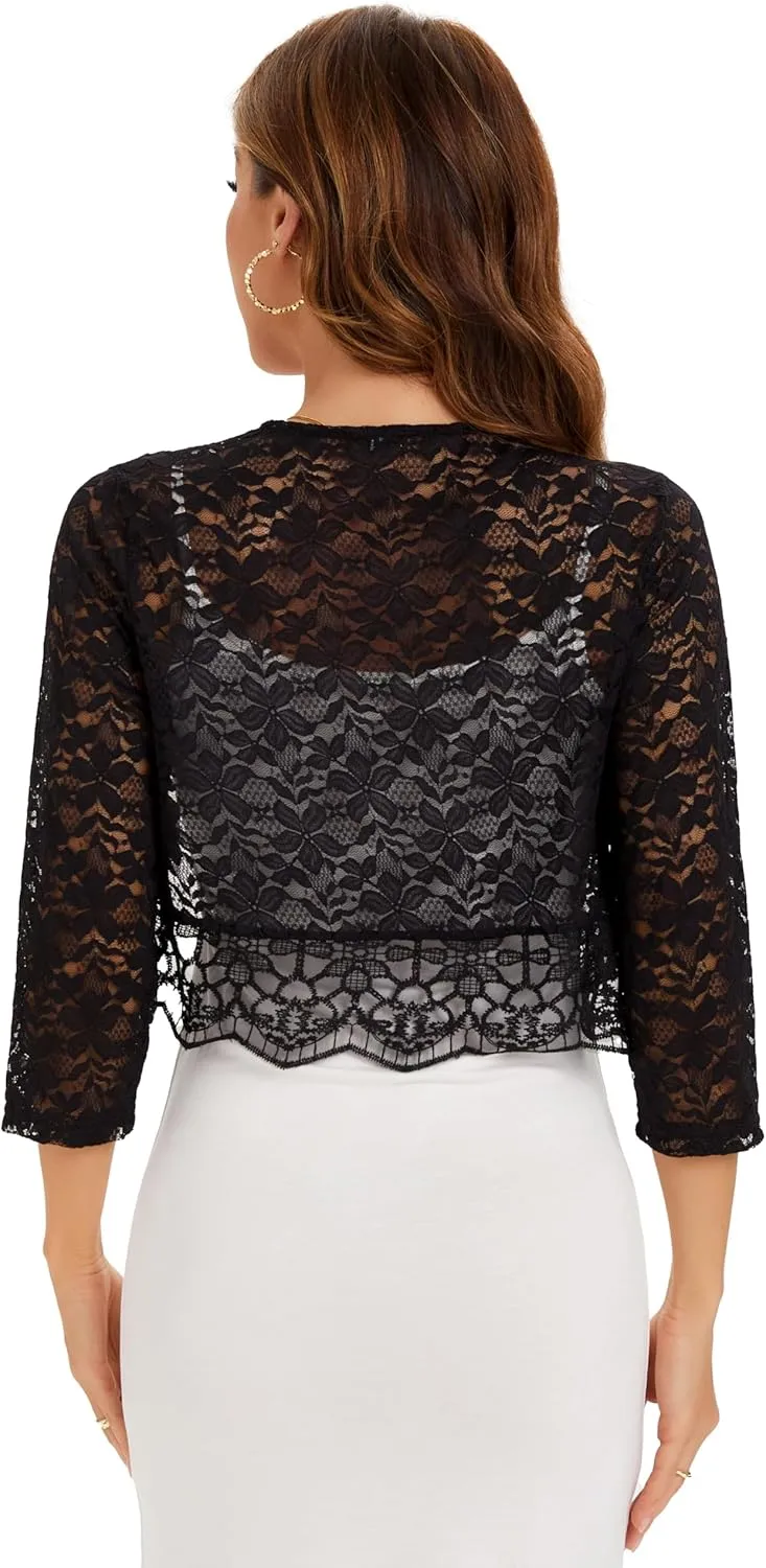 BENANCY Women's Elegant 3/4 Sleeve Sheer Floral Lace Shrug Cardigan