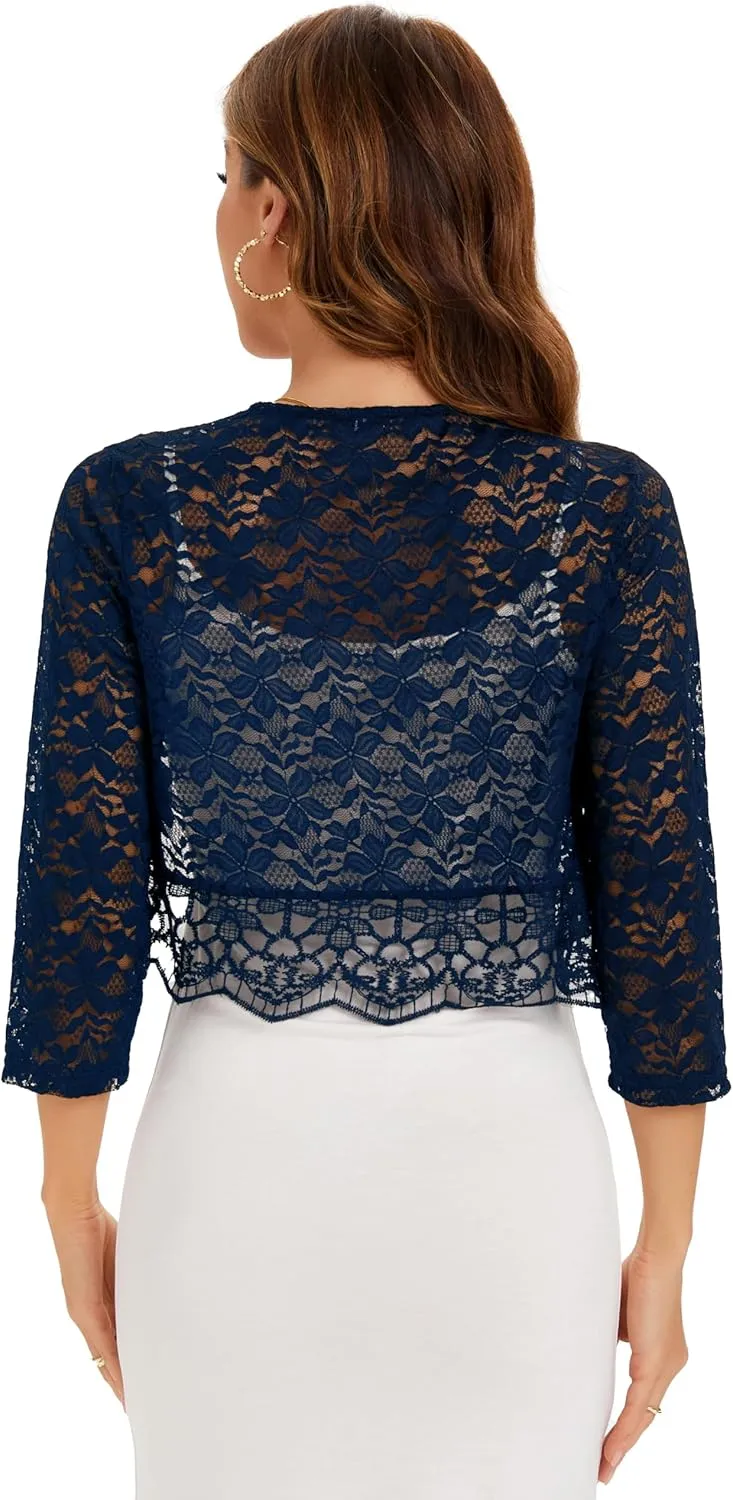 BENANCY Women's Elegant 3/4 Sleeve Sheer Floral Lace Shrug Cardigan