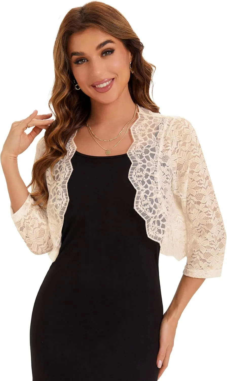 BENANCY Women's Elegant 3/4 Sleeve Sheer Floral Lace Shrug Cardigan