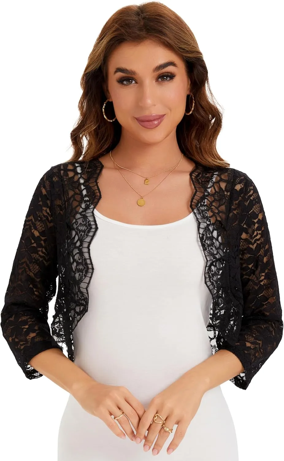 BENANCY Women's Elegant 3/4 Sleeve Sheer Floral Lace Shrug Cardigan