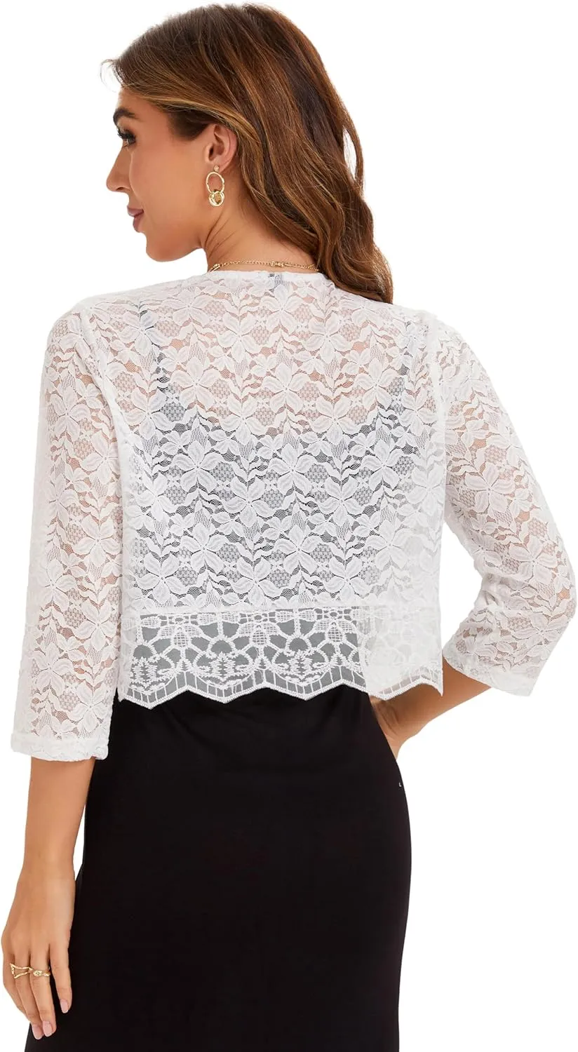 BENANCY Women's Elegant 3/4 Sleeve Sheer Floral Lace Shrug Cardigan