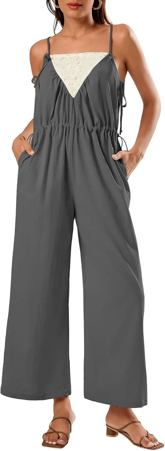 BeryLove Women's Long Pants Romper Summer Tie Strap Jumpsuit 2025 with Pockets