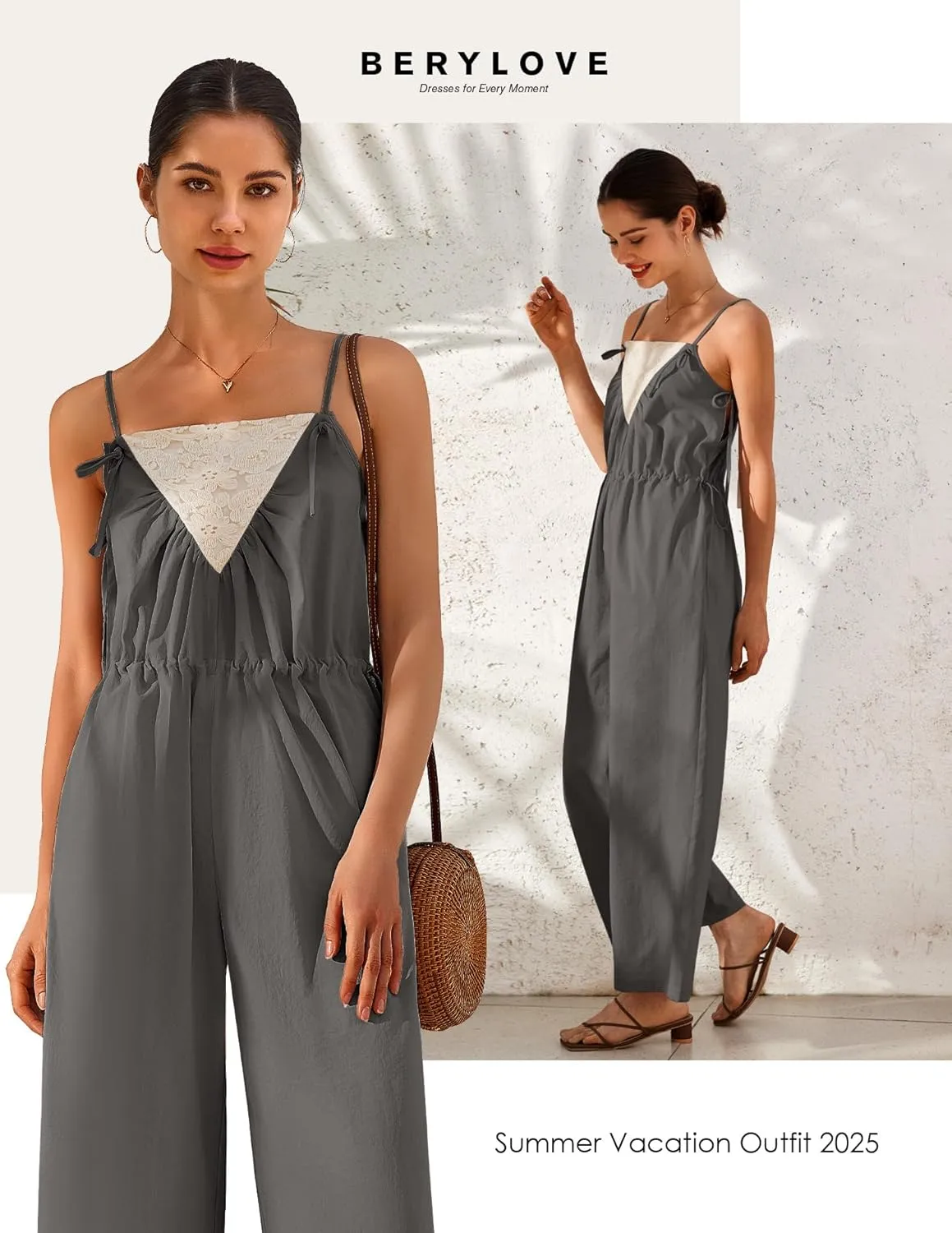BeryLove Women's Long Pants Romper Summer Tie Strap Jumpsuit 2025 with Pockets