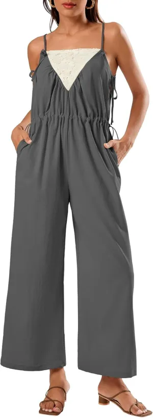 BeryLove Women's Long Pants Romper Summer Tie Strap Jumpsuit 2025 with Pockets