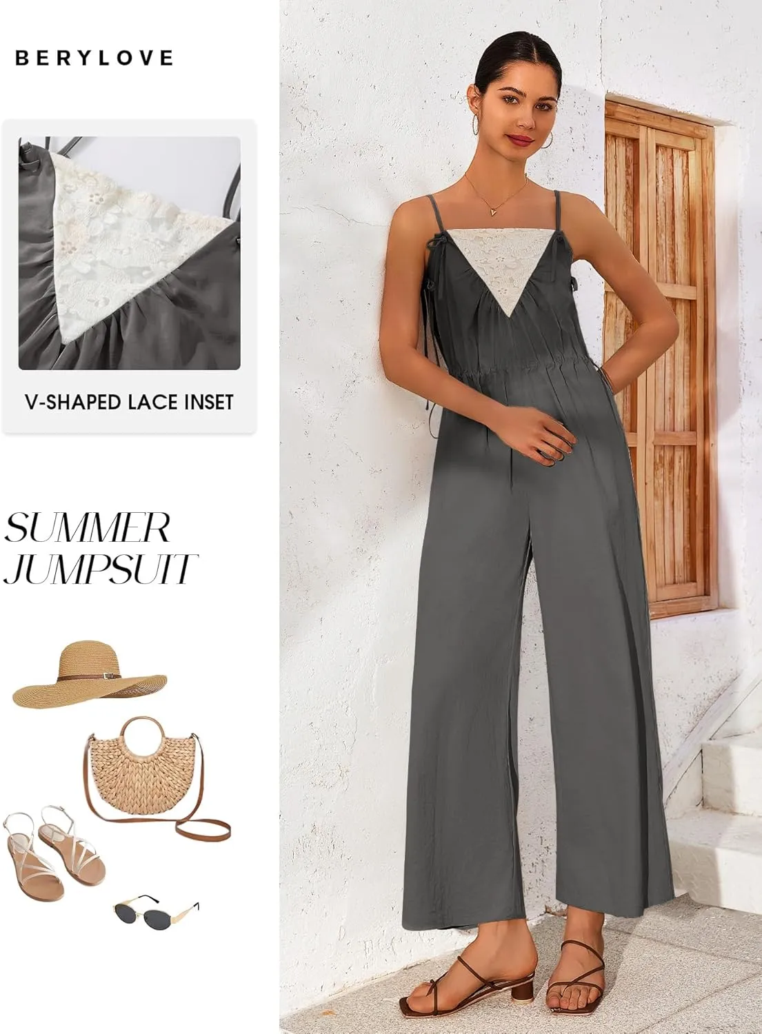 BeryLove Women's Long Pants Romper Summer Tie Strap Jumpsuit 2025 with Pockets
