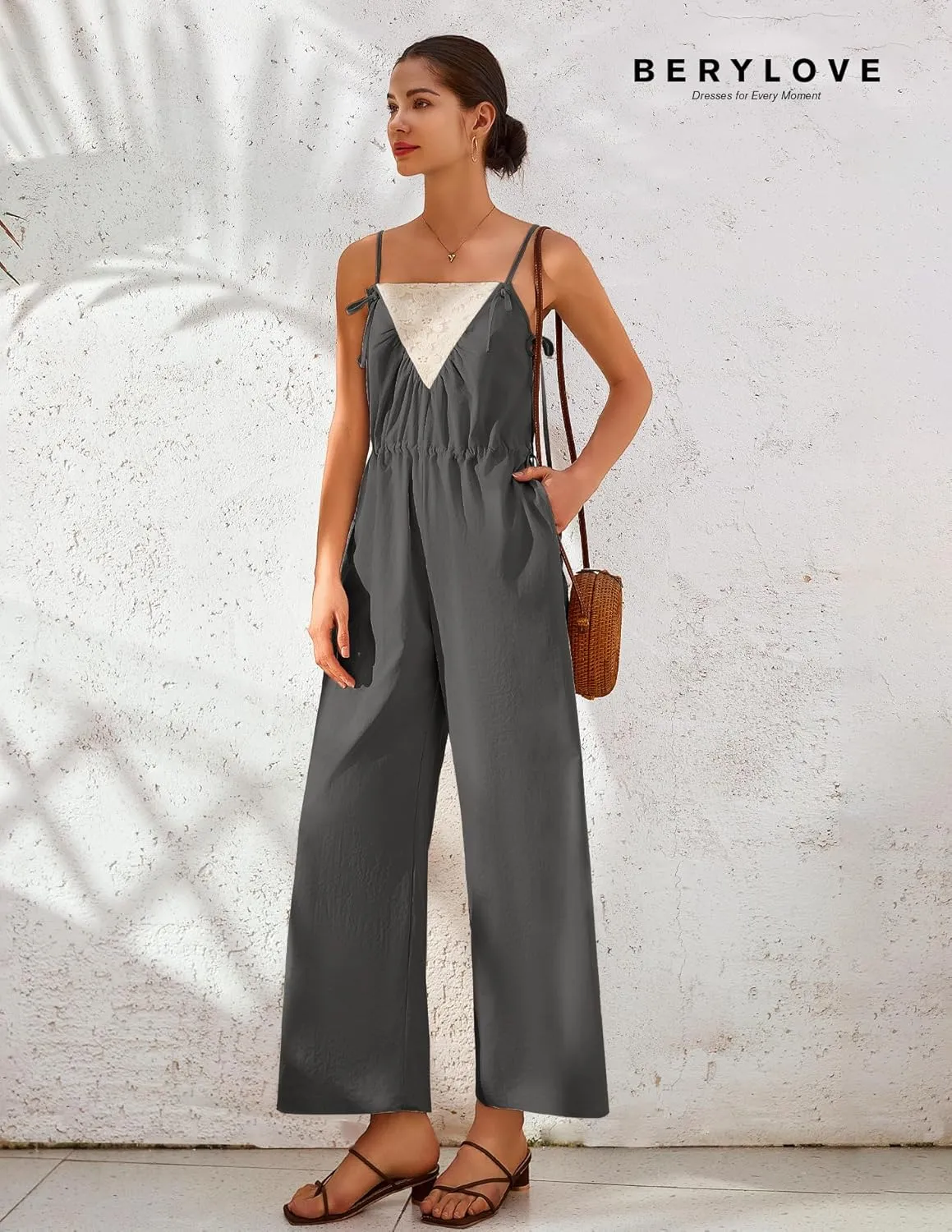 BeryLove Women's Long Pants Romper Summer Tie Strap Jumpsuit 2025 with Pockets