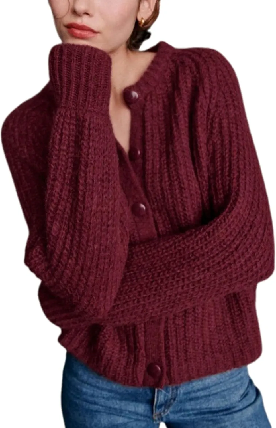 Bianstore Women's Casual Long Sleeve Crewneck Button Down Cardigan Sweater Knit Outwear