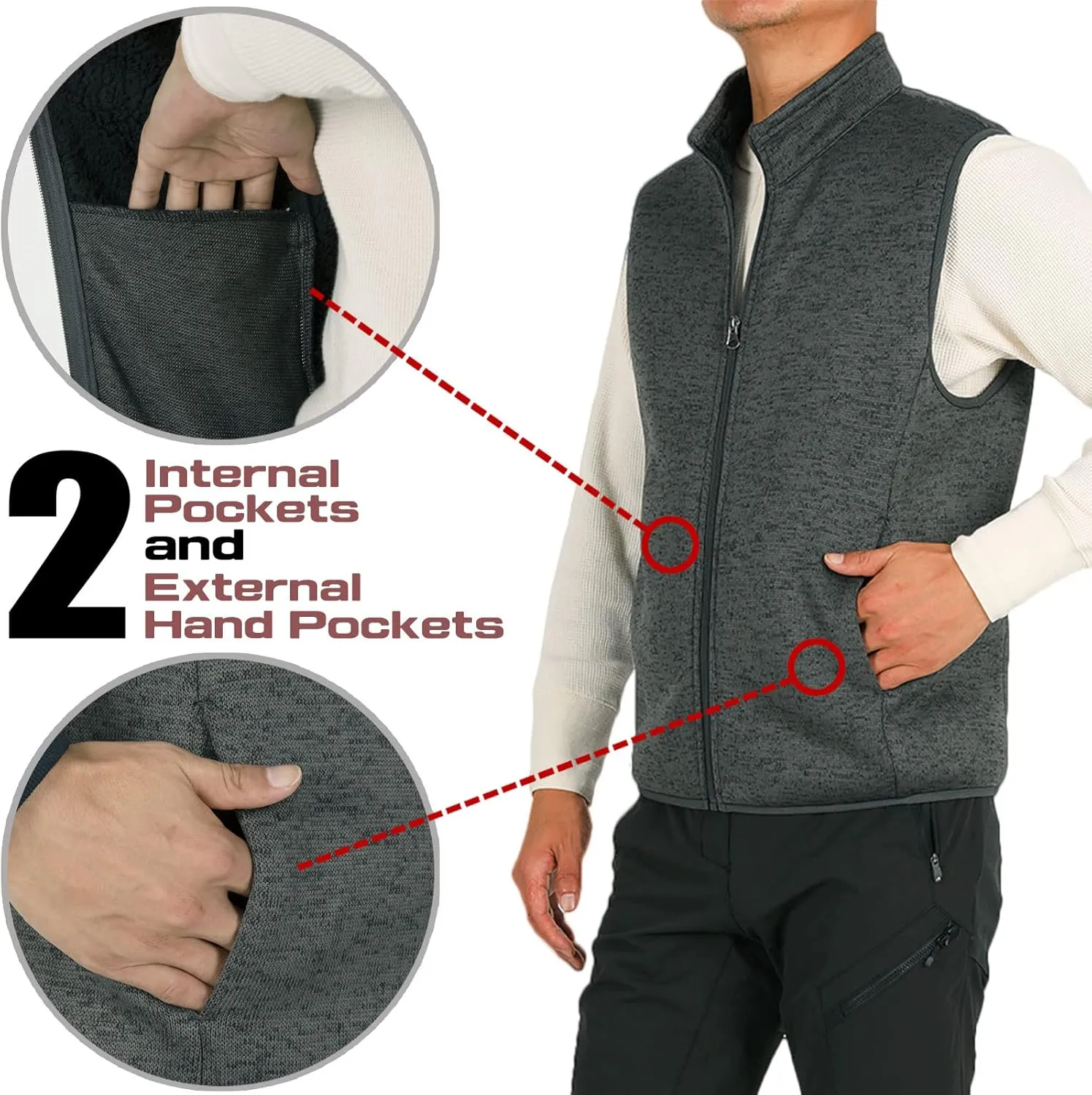Bonnroth Mens Full Zip Sweater Fleece Vest, Sherpa Lined Stand Collar Vests with Pocket