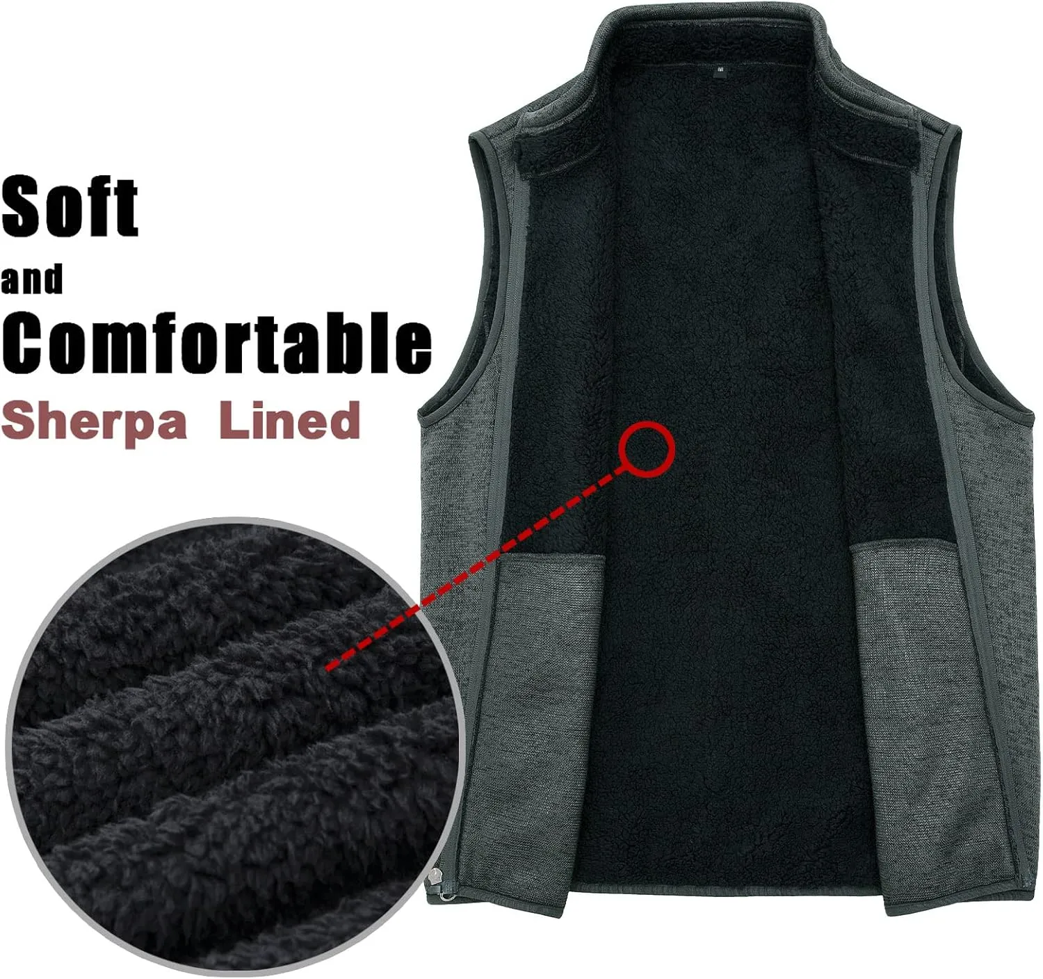 Bonnroth Mens Full Zip Sweater Fleece Vest, Sherpa Lined Stand Collar Vests with Pocket