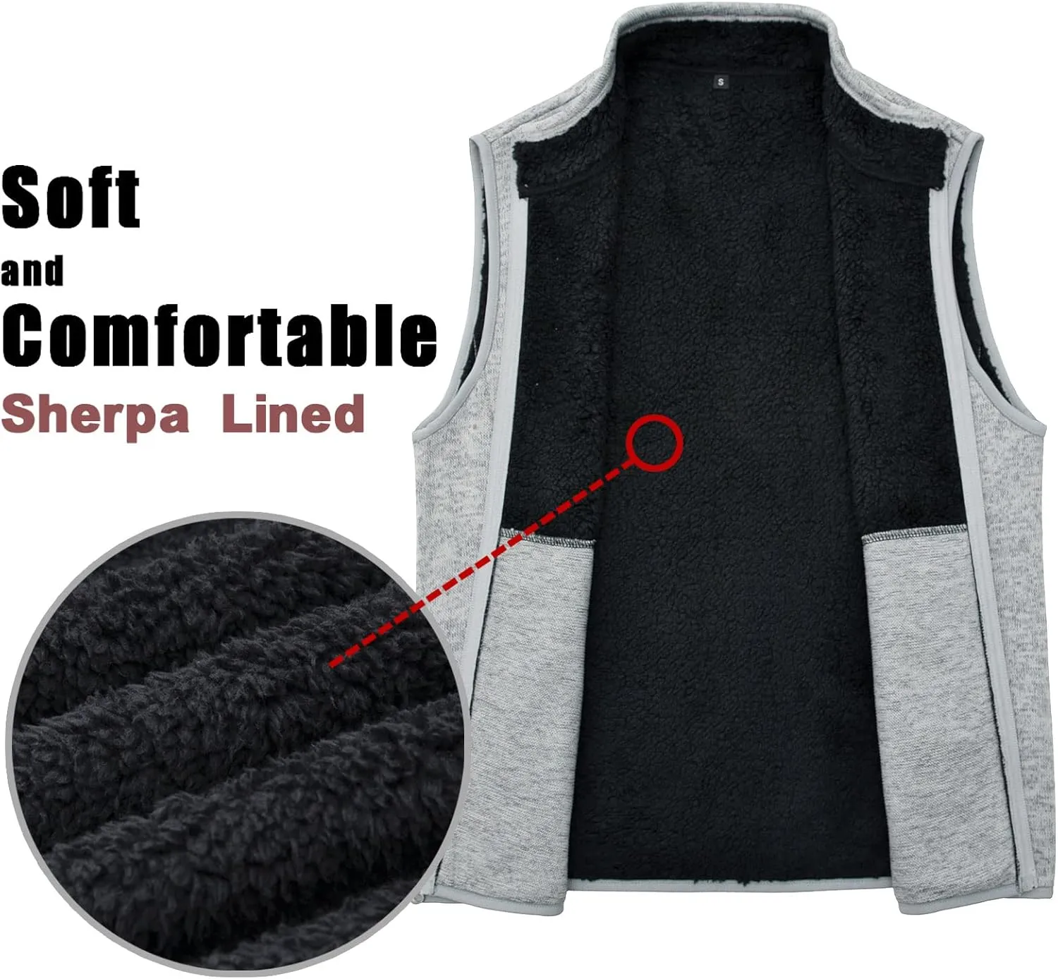 Bonnroth Mens Full Zip Sweater Fleece Vest, Sherpa Lined Stand Collar Vests with Pocket