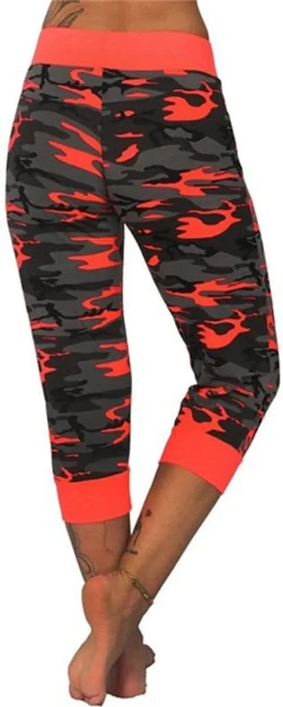Camo Print Capri Pants for Women High Waist Casual Drawstring Trousers Workout Athletic Running Capri Leggings