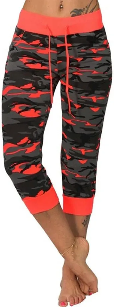 Camo Print Capri Pants for Women High Waist Casual Drawstring Trousers Workout Athletic Running Capri Leggings