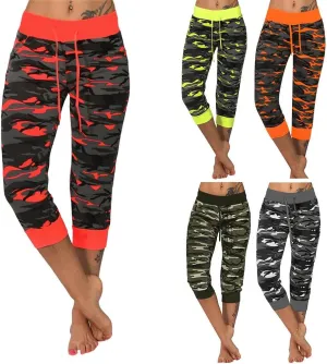 Camo Print Capri Pants for Women High Waist Casual Drawstring Trousers Workout Athletic Running Capri Leggings
