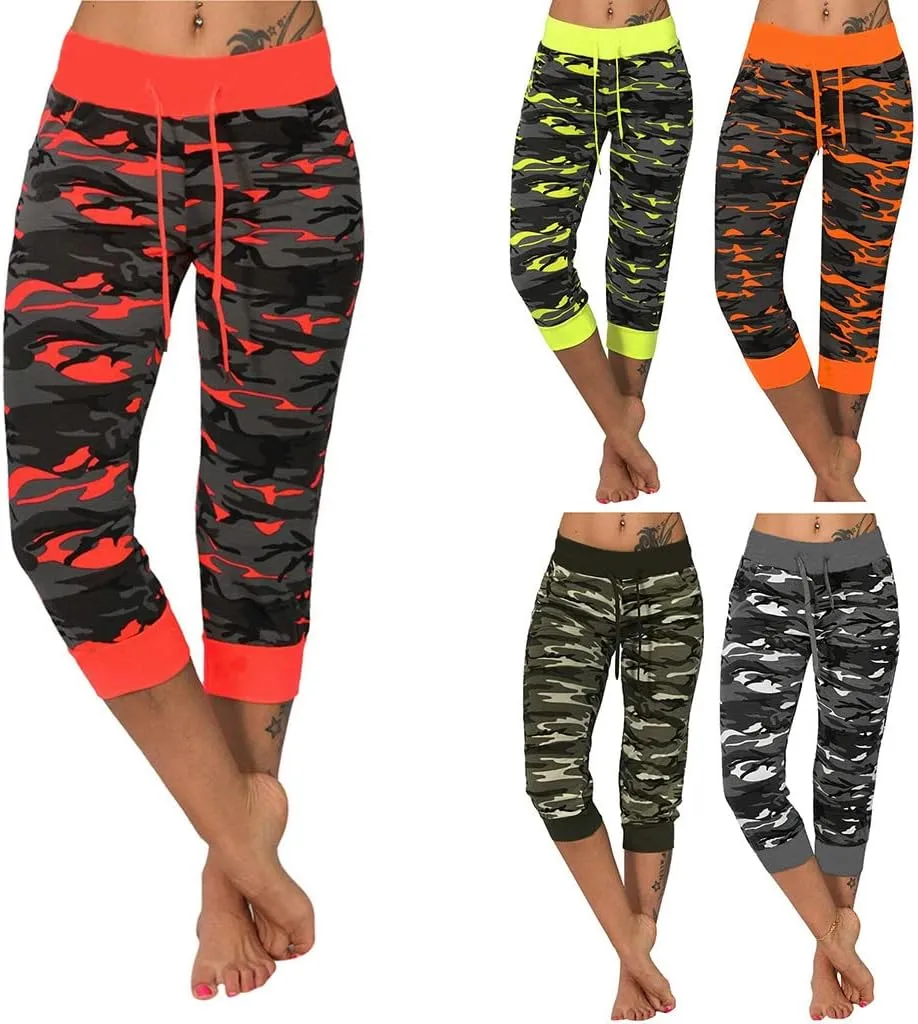 Camo Print Capri Pants for Women High Waist Casual Drawstring Trousers Workout Athletic Running Capri Leggings