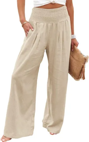 Canbebig Womens Linen Pants Boho Wide Leg High Waist Palazzo Pants Casual Smocked Waisted Pants Lounge Trousers with Pockets