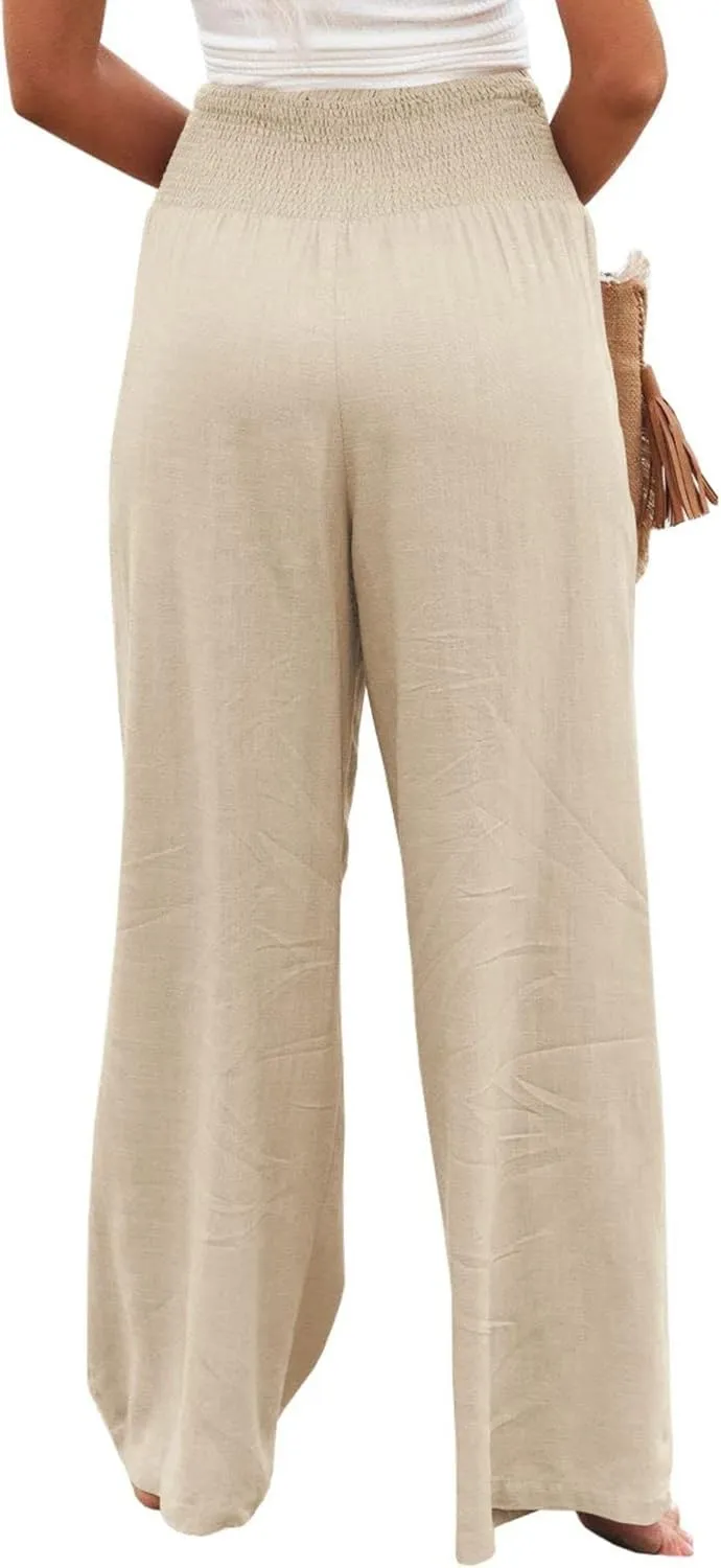 Canbebig Womens Linen Pants Boho Wide Leg High Waist Palazzo Pants Casual Smocked Waisted Pants Lounge Trousers with Pockets