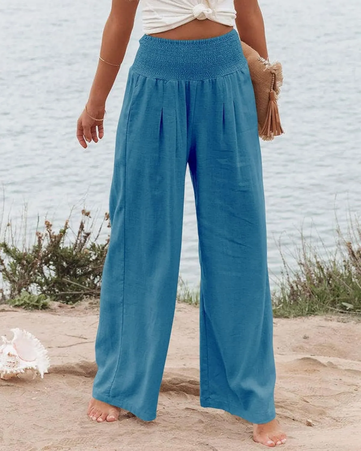 Canbebig Womens Linen Pants Boho Wide Leg High Waist Palazzo Pants Casual Smocked Waisted Pants Lounge Trousers with Pockets