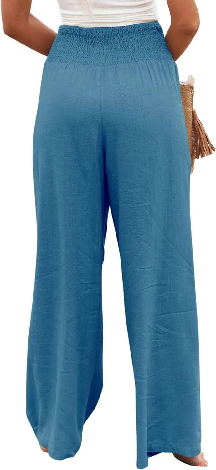 Canbebig Womens Linen Pants Boho Wide Leg High Waist Palazzo Pants Casual Smocked Waisted Pants Lounge Trousers with Pockets