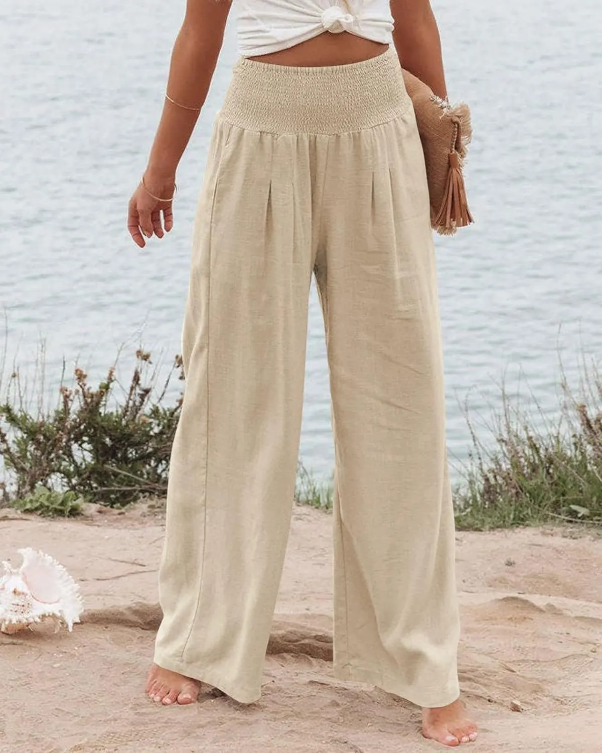 Canbebig Womens Linen Pants Boho Wide Leg High Waist Palazzo Pants Casual Smocked Waisted Pants Lounge Trousers with Pockets