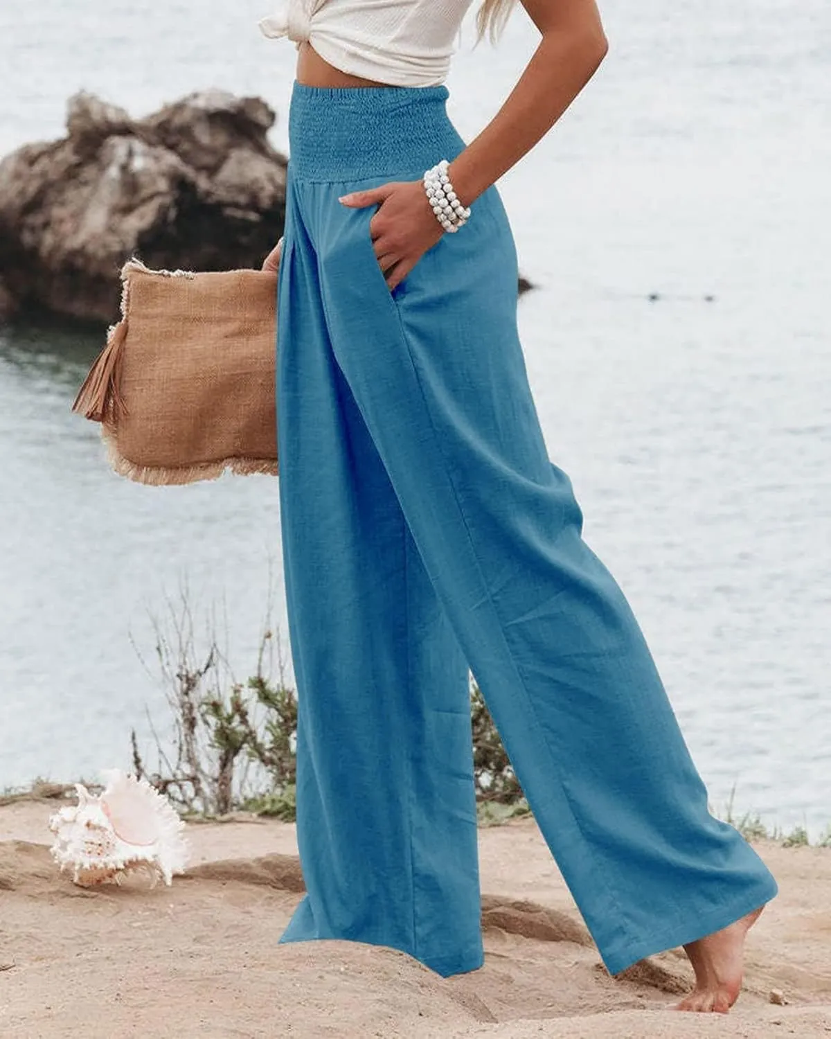 Canbebig Womens Linen Pants Boho Wide Leg High Waist Palazzo Pants Casual Smocked Waisted Pants Lounge Trousers with Pockets