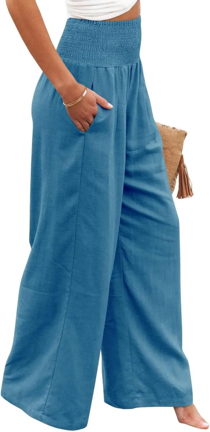 Canbebig Womens Linen Pants Boho Wide Leg High Waist Palazzo Pants Casual Smocked Waisted Pants Lounge Trousers with Pockets