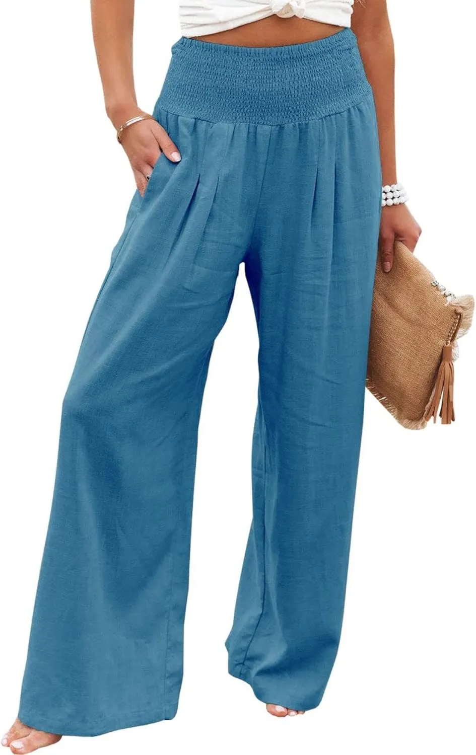 Canbebig Womens Linen Pants Boho Wide Leg High Waist Palazzo Pants Casual Smocked Waisted Pants Lounge Trousers with Pockets