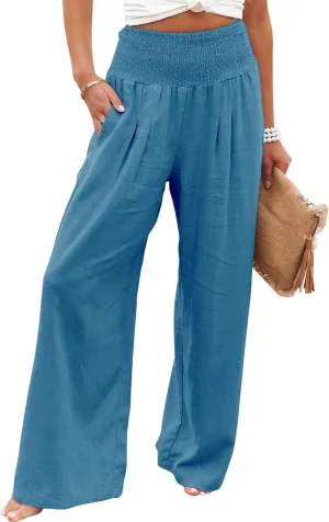 Canbebig Womens Linen Pants Boho Wide Leg High Waist Palazzo Pants Casual Smocked Waisted Pants Lounge Trousers with Pockets