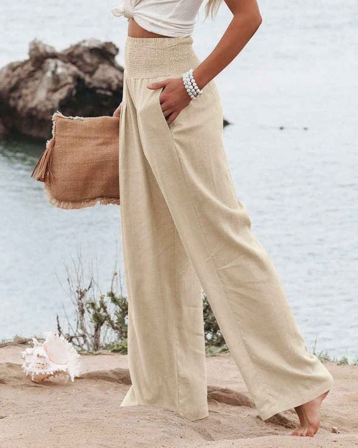 Canbebig Womens Linen Pants Boho Wide Leg High Waist Palazzo Pants Casual Smocked Waisted Pants Lounge Trousers with Pockets