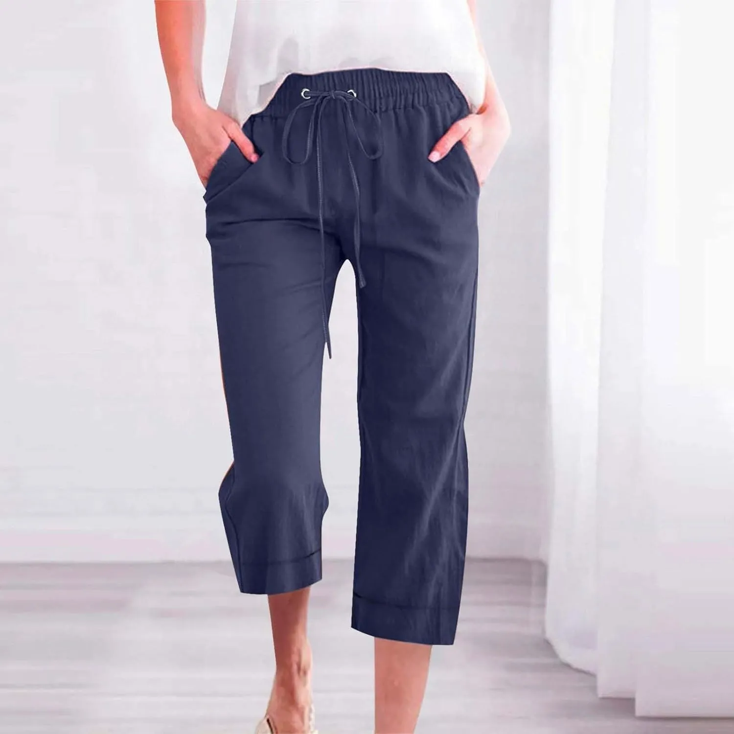 Capri Pants for Women Casual Summer Drawstring Elastic High Waist Linen Pant Straight Wide Leg Cropped Trouser