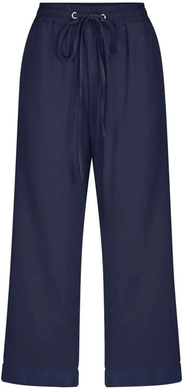 Capri Pants for Women Casual Summer Drawstring Elastic High Waist Linen Pant Straight Wide Leg Cropped Trouser