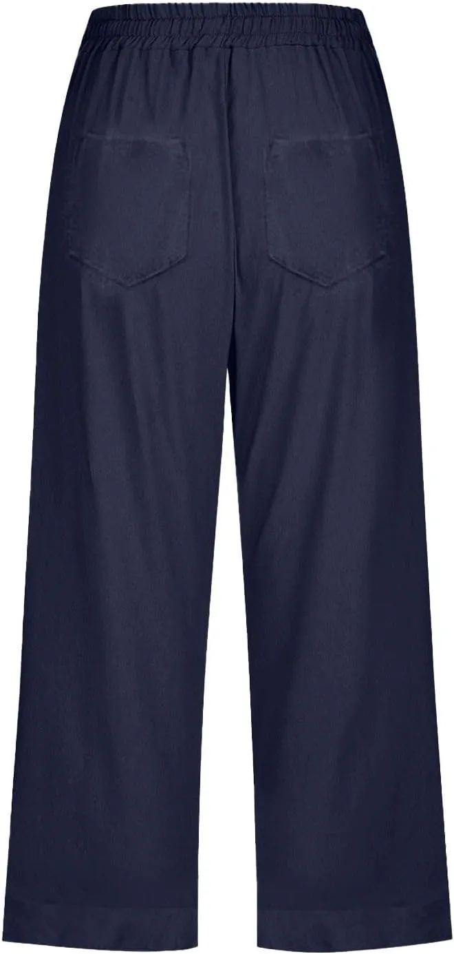 Capri Pants for Women Casual Summer Drawstring Elastic High Waist Linen Pant Straight Wide Leg Cropped Trouser