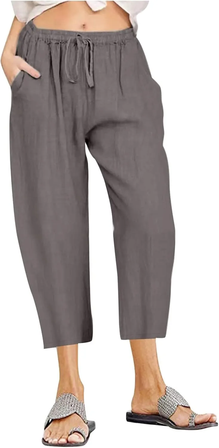 Capri Pants for Women Summer Drawstring Elastic High Waist Cotton Linen Wide Leg Trouser, Small-5X-Large
