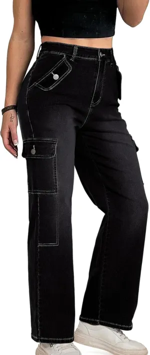 Cargo Jeans for Women High Waisted Casual Wide Leg Jeans Baggy Stretchy Y2K Streetwear with 6 Pockets