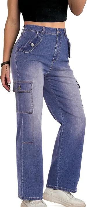 Cargo Jeans for Women High Waisted Casual Wide Leg Jeans Baggy Stretchy Y2K Streetwear with 6 Pockets
