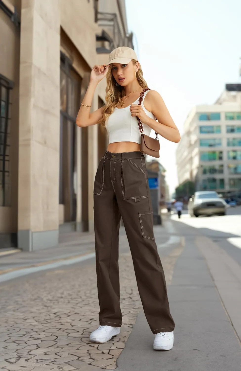Cargo Pants Women High Waisted Wide Leg Casual Pants Baggy Stretchy Trousers Y2K Streetwear with 6 Pockets