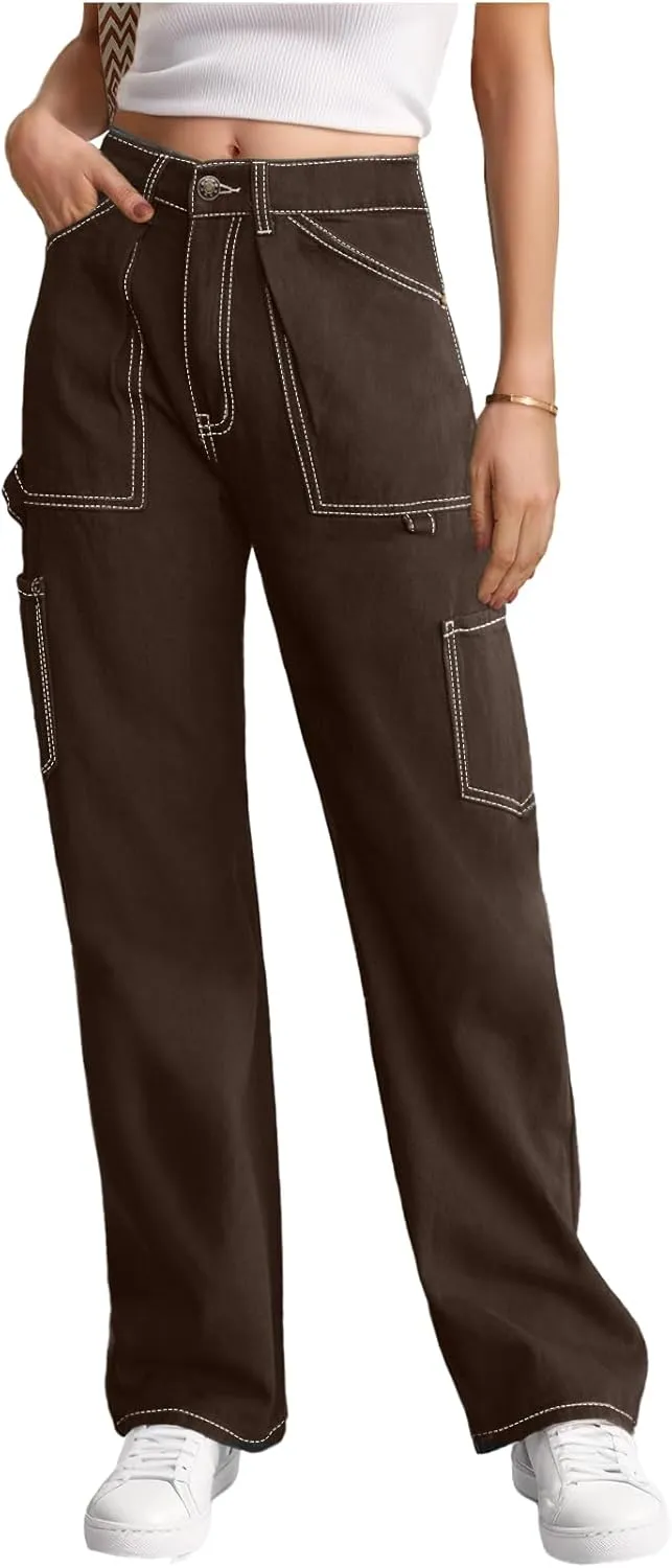 Cargo Pants Women High Waisted Wide Leg Casual Pants Baggy Stretchy Trousers Y2K Streetwear with 6 Pockets