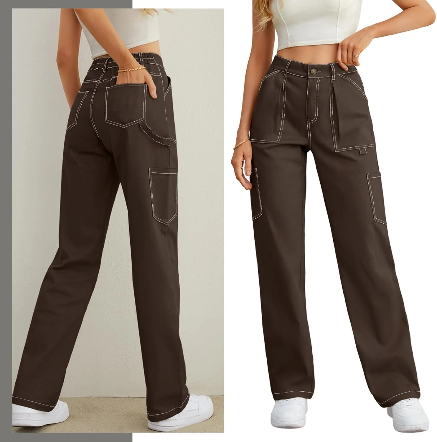 Cargo Pants Women High Waisted Wide Leg Casual Pants Baggy Stretchy Trousers Y2K Streetwear with 6 Pockets