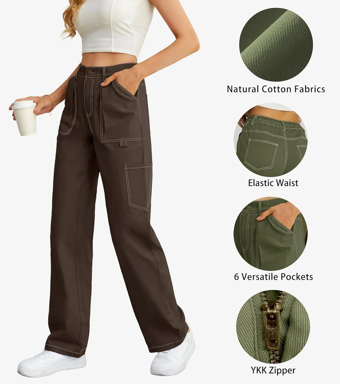 Cargo Pants Women High Waisted Wide Leg Casual Pants Baggy Stretchy Trousers Y2K Streetwear with 6 Pockets