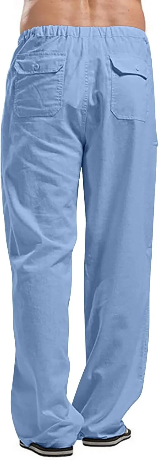 Casual Cotton Linen Pants for Mens Summer Outdoor Hiking Sports Trousers Breathable Work Cargo Pants with Pockets Men's Pants