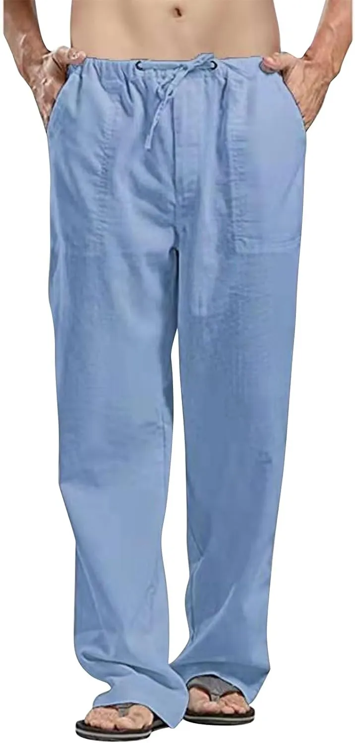 Casual Cotton Linen Pants for Mens Summer Outdoor Hiking Sports Trousers Breathable Work Cargo Pants with Pockets Men's Pants