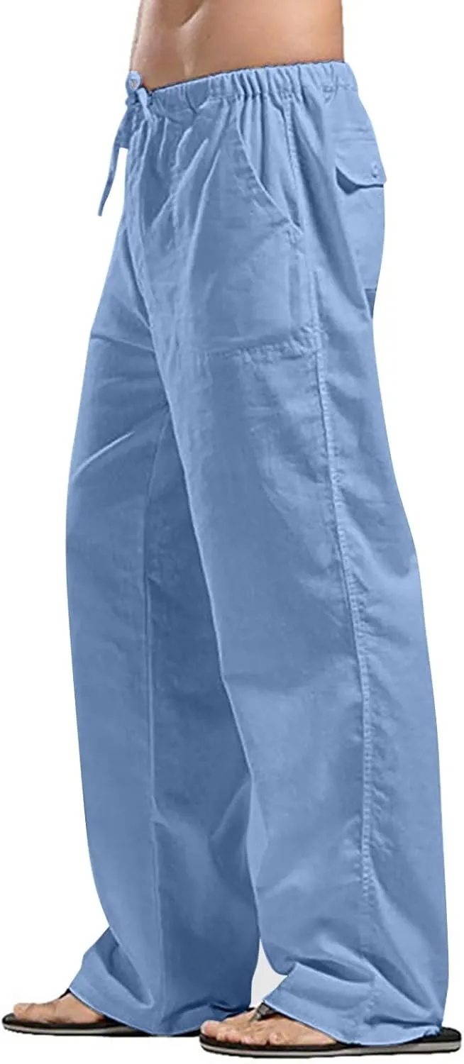 Casual Cotton Linen Pants for Mens Summer Outdoor Hiking Sports Trousers Breathable Work Cargo Pants with Pockets Men's Pants
